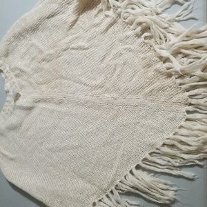 Shawl with fringed ends creamy white knitted boho retro poncho style